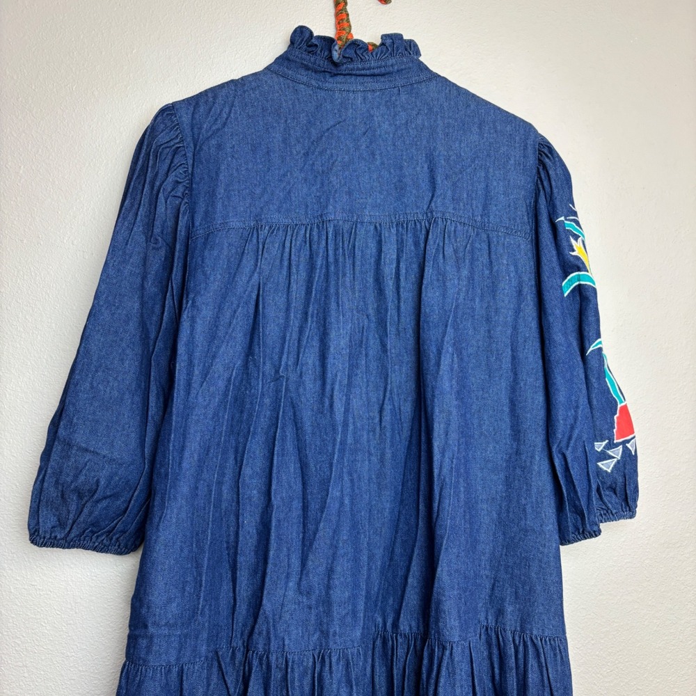 Vintage 90s Denim Maxi Dress Embroidered Kachina Blue Large Prairie Cottage Boho - Picture 13 of 16